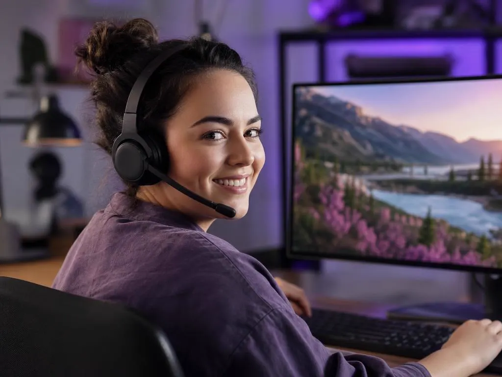 Support specialist with a headset smiling at a desk with a large 4K monitor