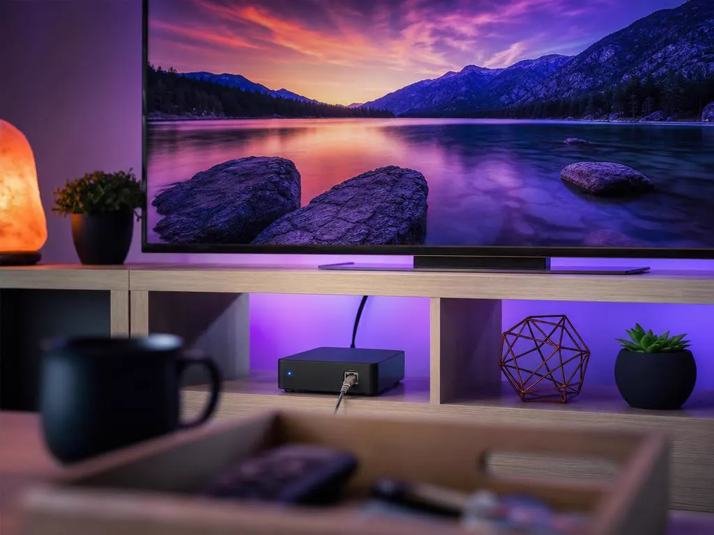 Ethernet cable plugged into a 4K streaming box beneath a TV showing a vivid landscape