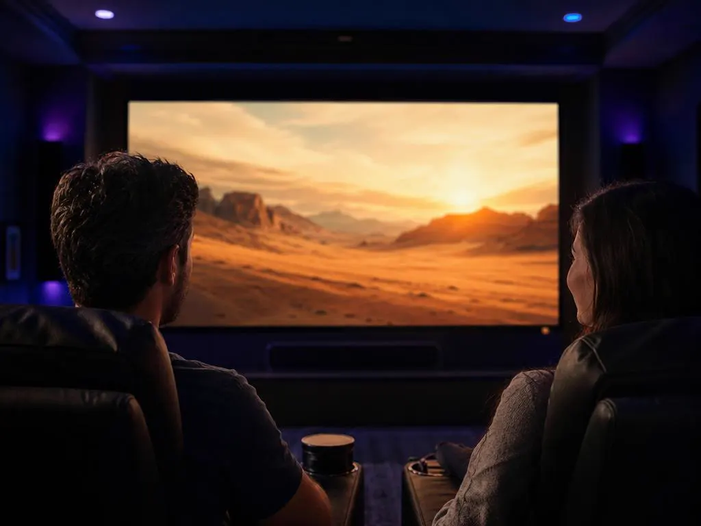 Couple in a home theater room watching a cinematic scene