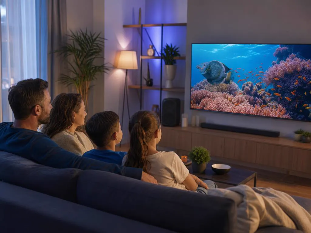 Family watching an underwater nature documentary on a 4K TV
