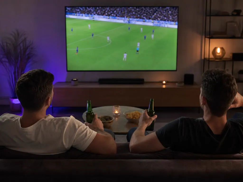Living room with a huge TV showing a crisp soccer match in Ultra HD