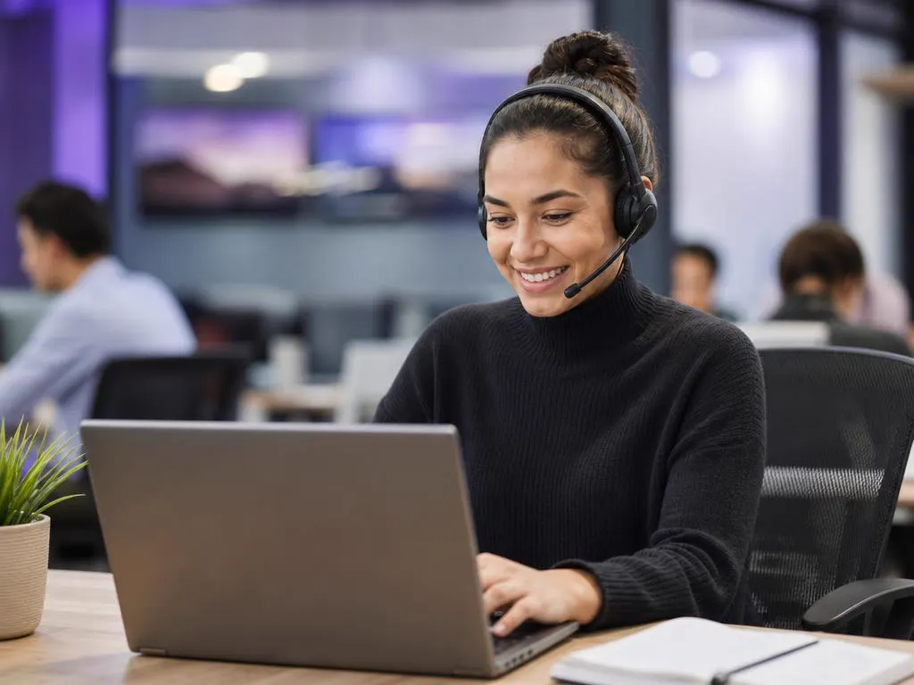 Conseillère support souriante avec un casque qui aide un client sur un portable