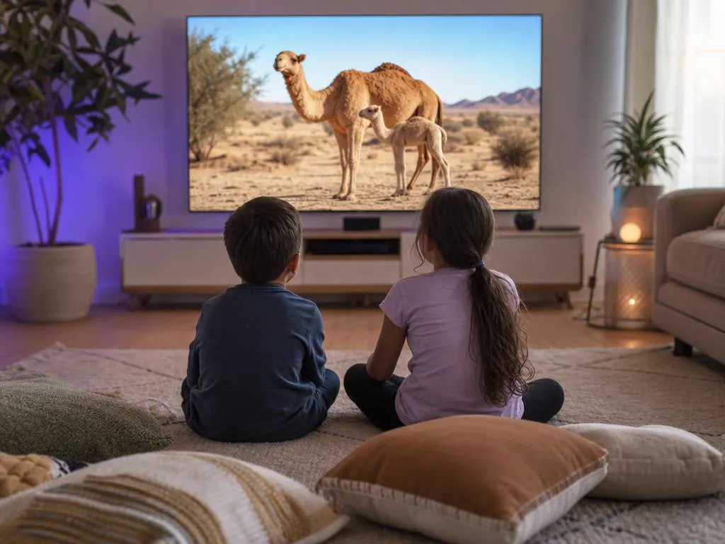 Deux enfants sur un tapis devant une émission animalière colorée pour enfants