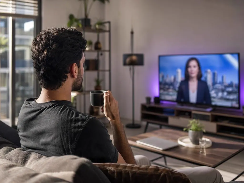 Homme avec un café devant un journal télévisé dans un appartement moderne