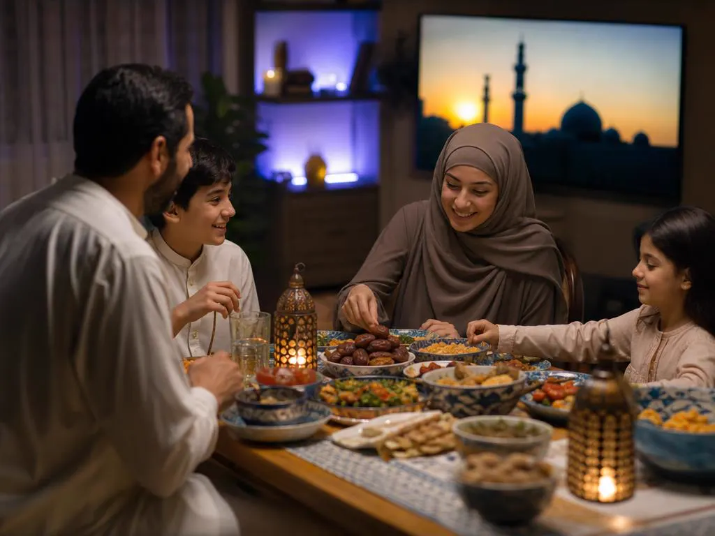Famille qui rompt le jeûne autour d’une table décorée, une TV allumée doucement en arrière-plan