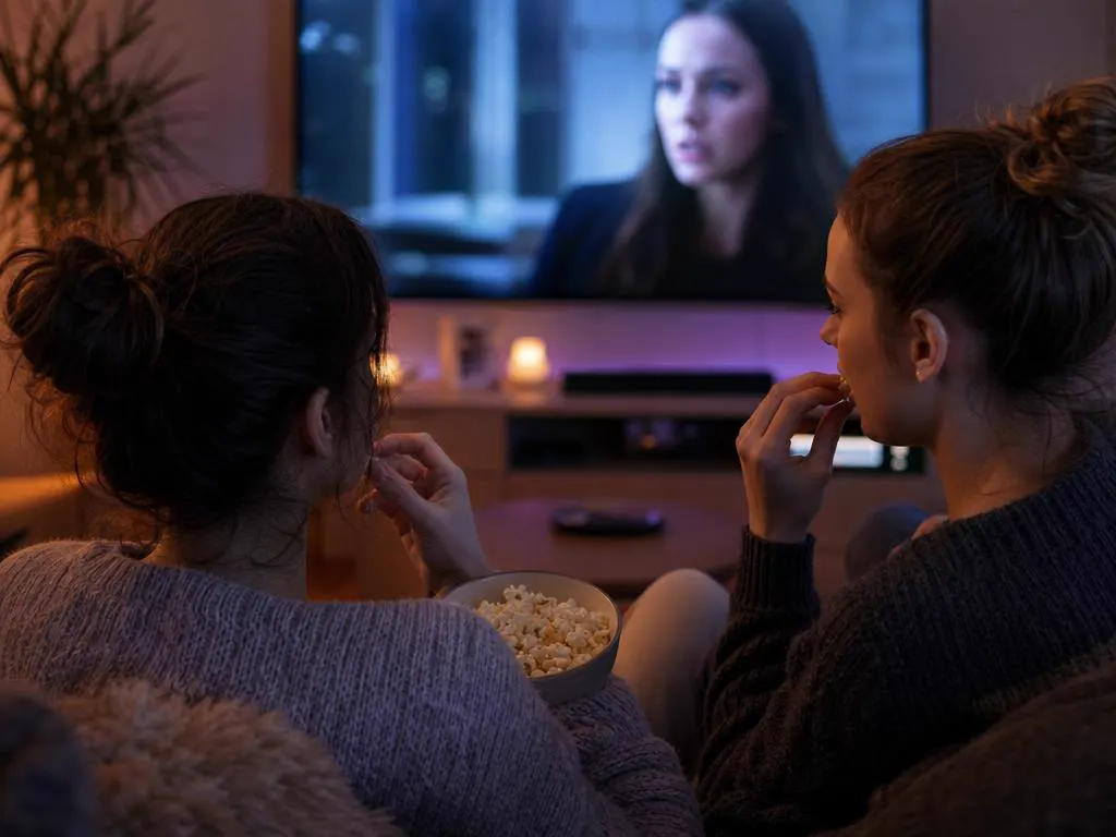 Deux sœurs sur un canapé devant une série dramatique avec du pop-corn