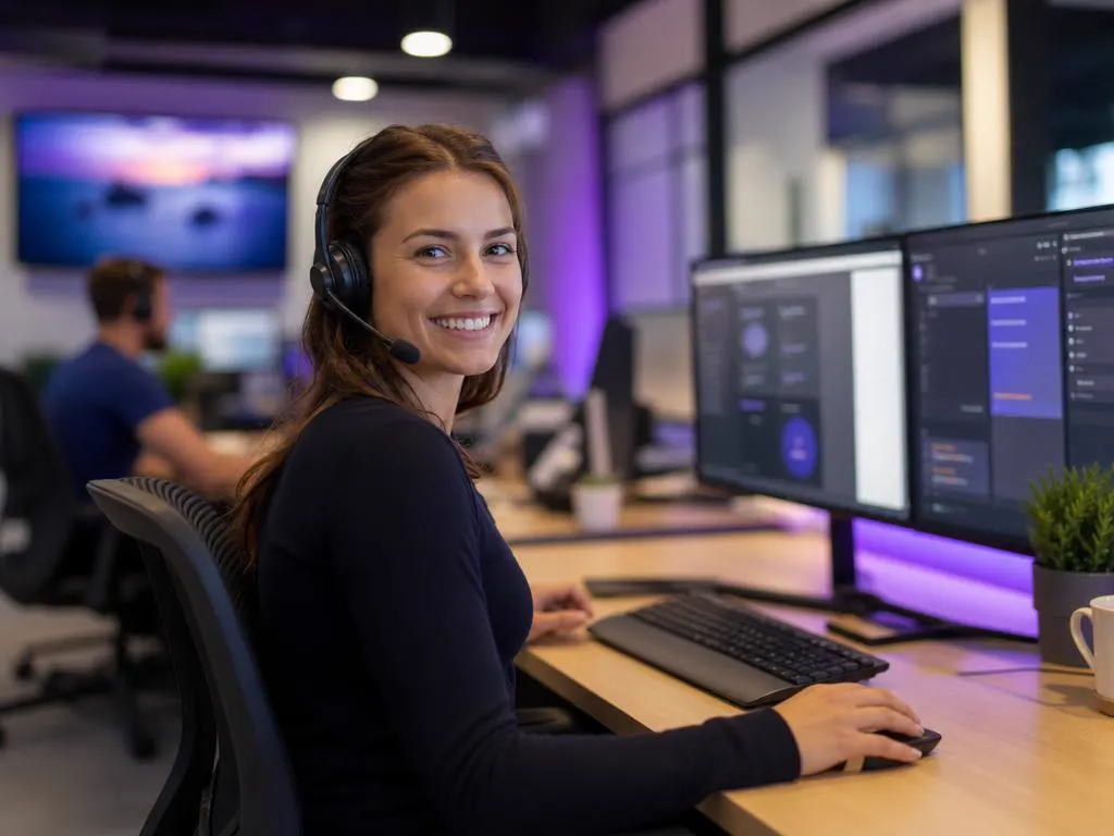 Smiling support agent with a headset at a desk with a large monitor and purple accent lighting
