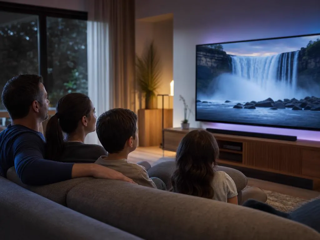 Family relaxed on a sofa watching a smooth nature documentary on a big TV