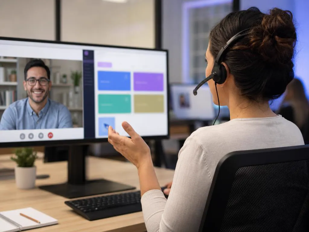 Support specialist explaining plan details to a customer on a video call