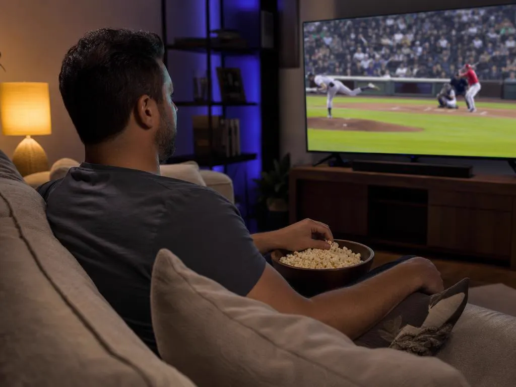 Man watching a late-night game on a TV in a dim living room