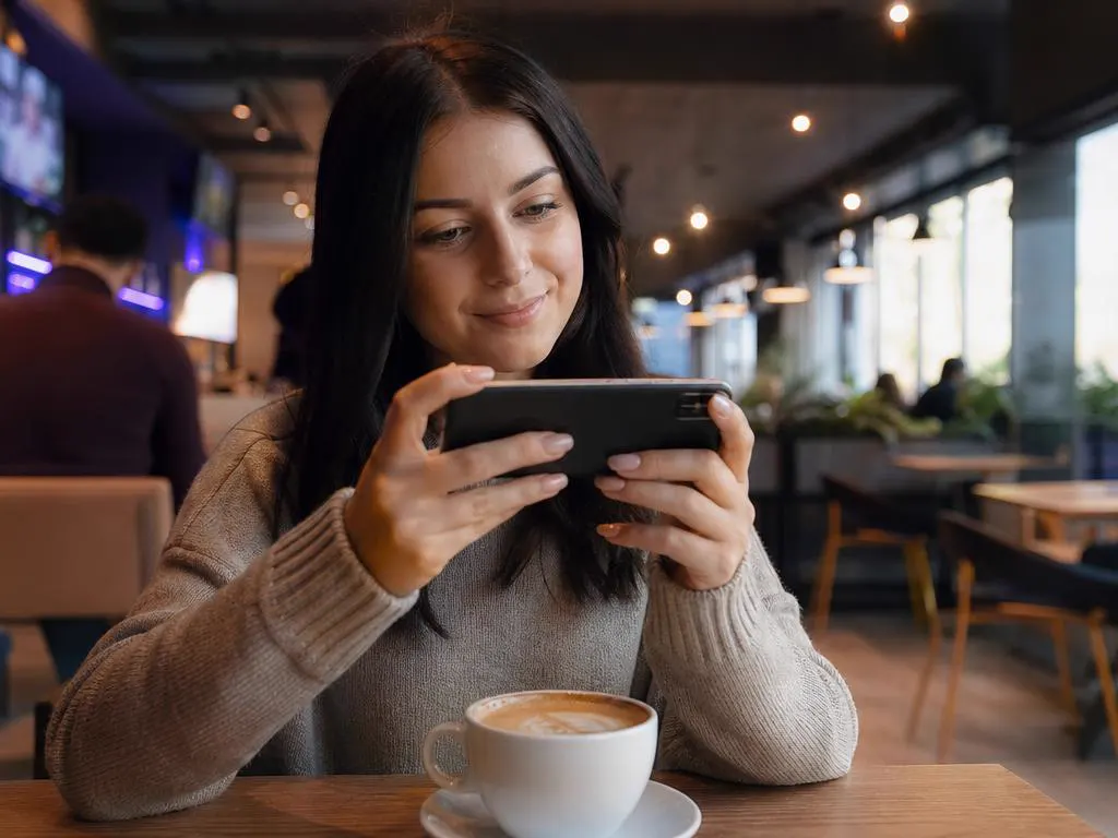 Woman watching a series on her phone in a cafe