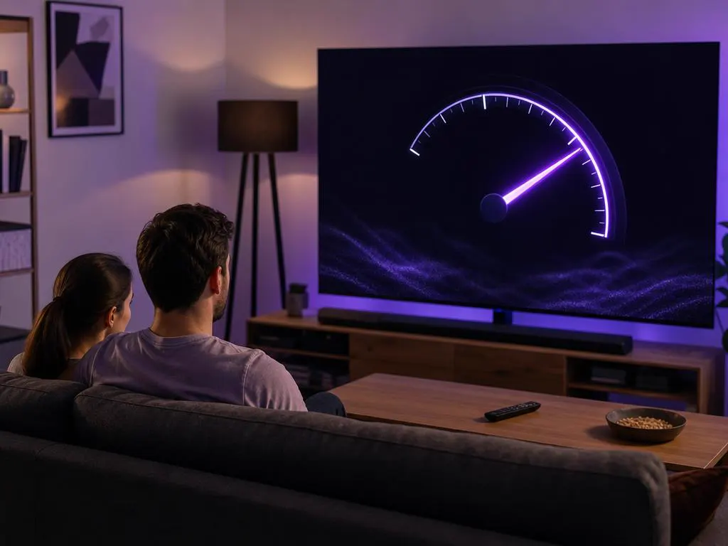 TV showing an abstract internet speed test gauge with a remote on the coffee table