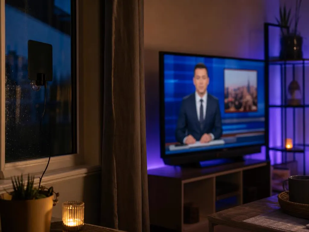 Small flat indoor TV antenna mounted on a window next to a living-room TV