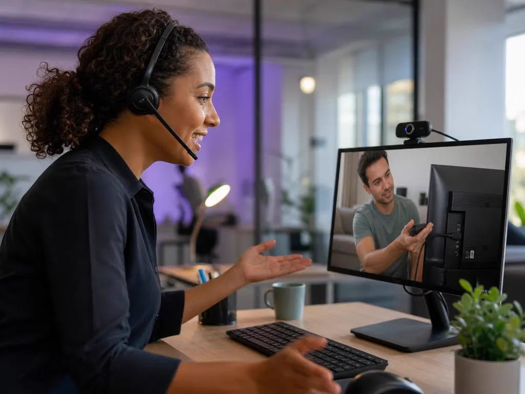 Friendly support agent with a headset helping a customer set up a streaming stick
