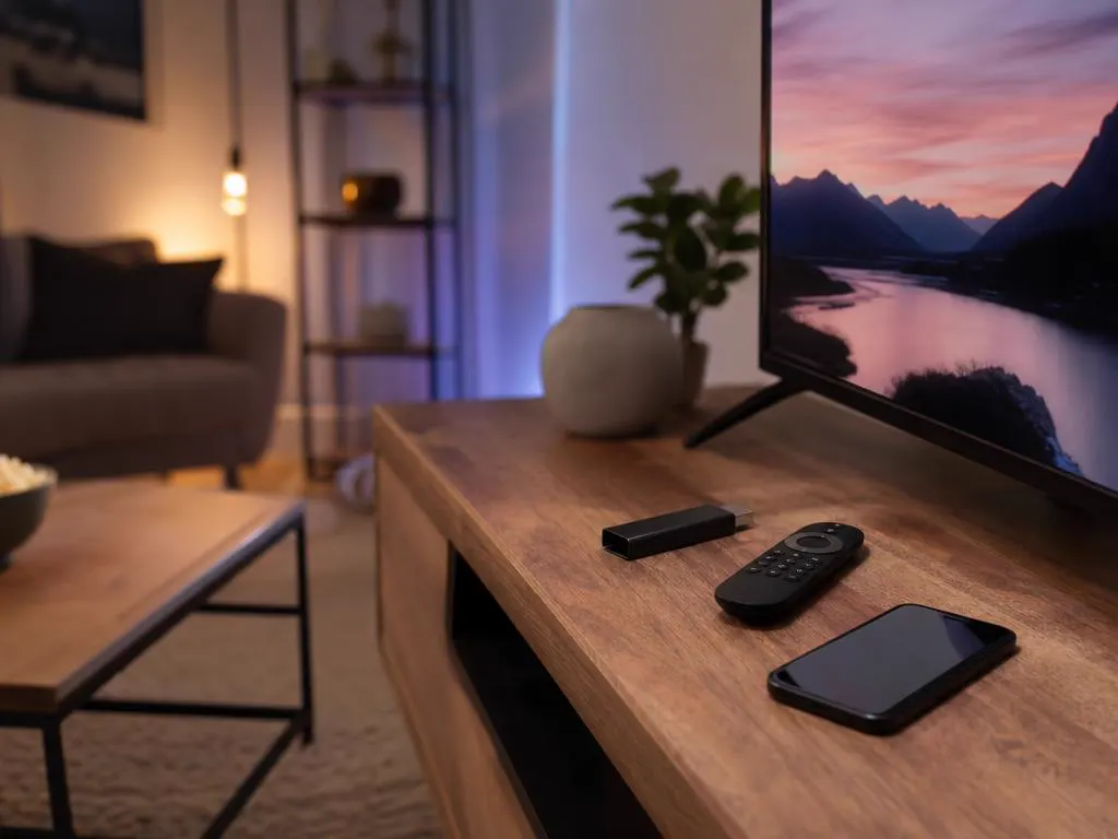 Streaming stick, remote and smartphone arranged on a wooden TV console