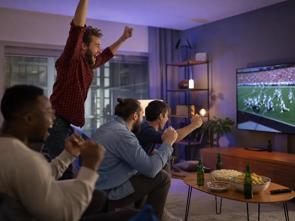Friends watching a live game in a living room