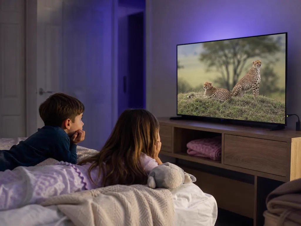 Kids watching a nature show on a bedroom TV with a streaming stick