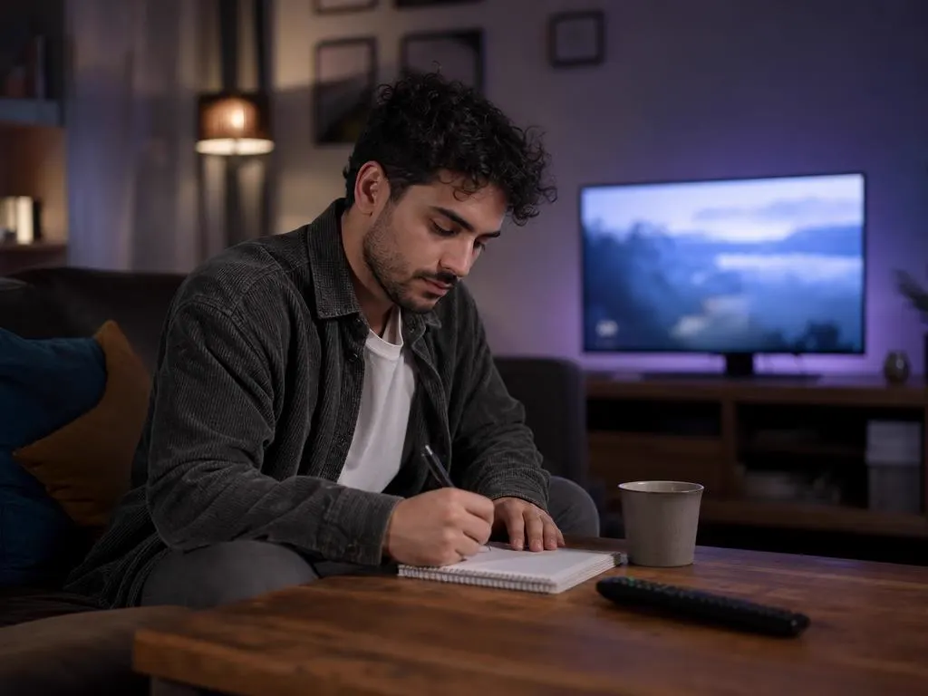 Person writing a list in a notebook on a coffee table with a TV remote nearby
