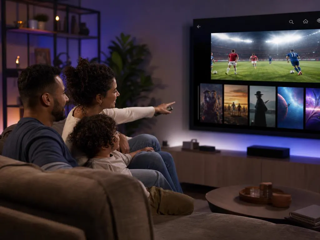 Family on a sofa choosing between live TV and on-demand shows on a big TV