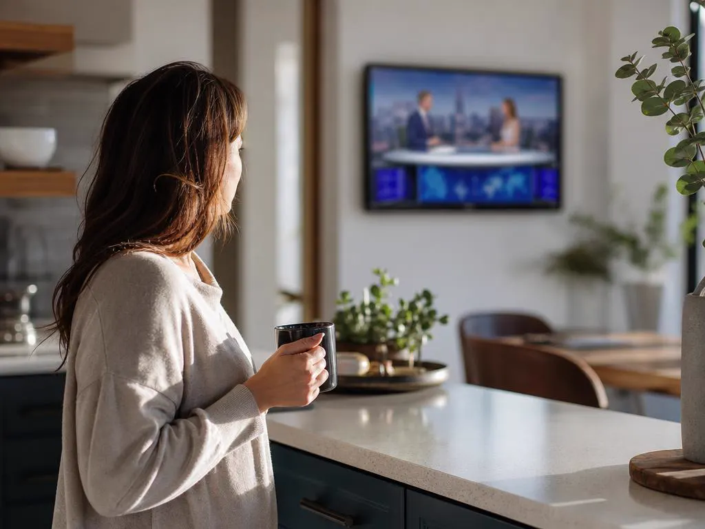 Woman watching morning news on a kitchen TV with coffee