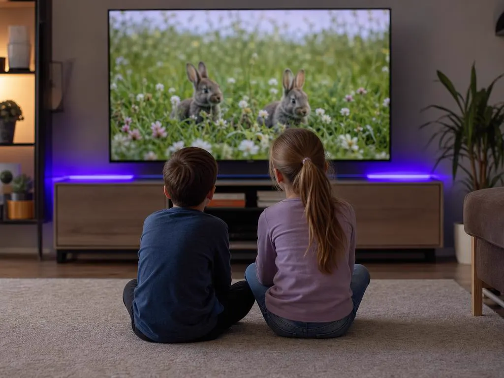 Kids watching a nature show with rabbits on TV