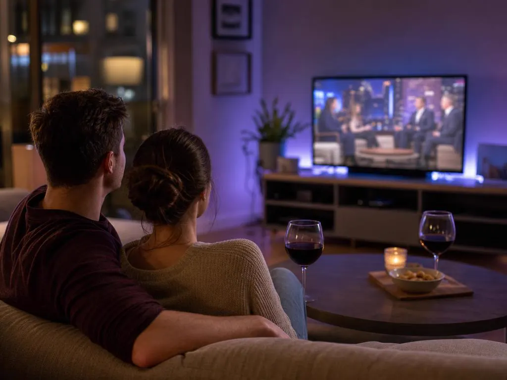 Couple watching an evening talk show on TV with a glass of wine