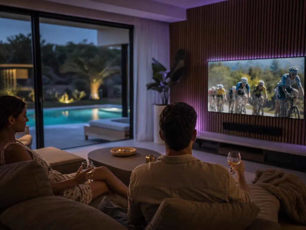 Holiday villa living room with a TV showing a cycling race and a pool outside