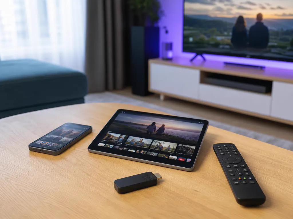 Téléphone, tablette et clé de streaming sur une table à côté d’une télécommande
