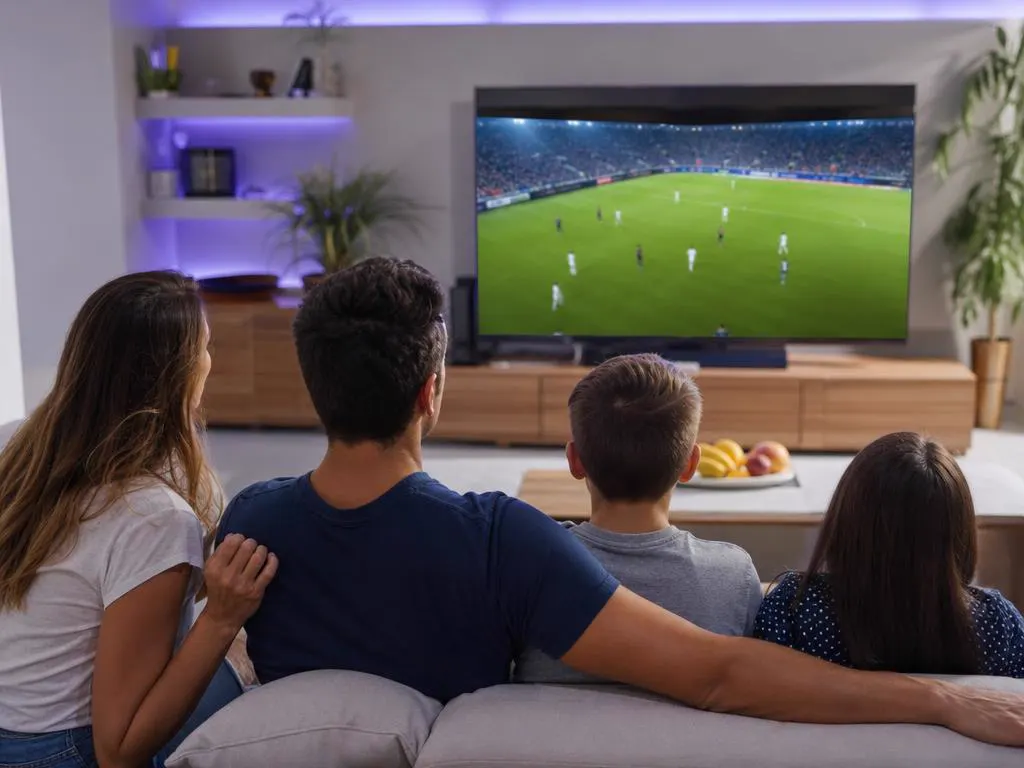 Famille devant un match de football en direct sur une grande TV