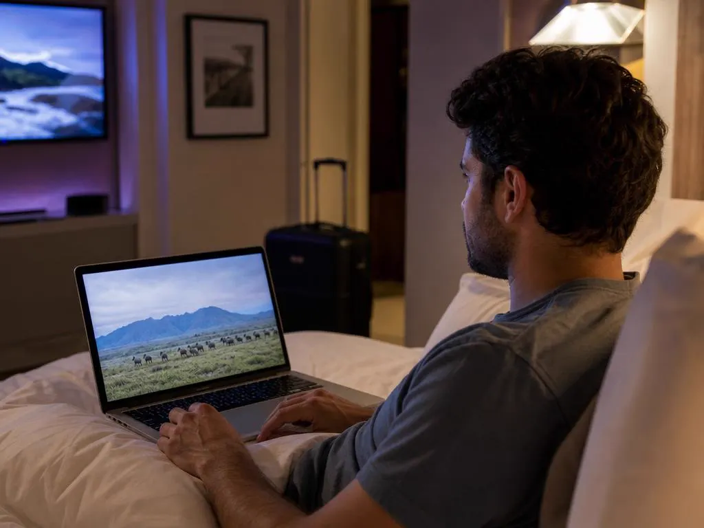 Voyageur devant un documentaire nature sur un portable dans une chambre d’hôtel