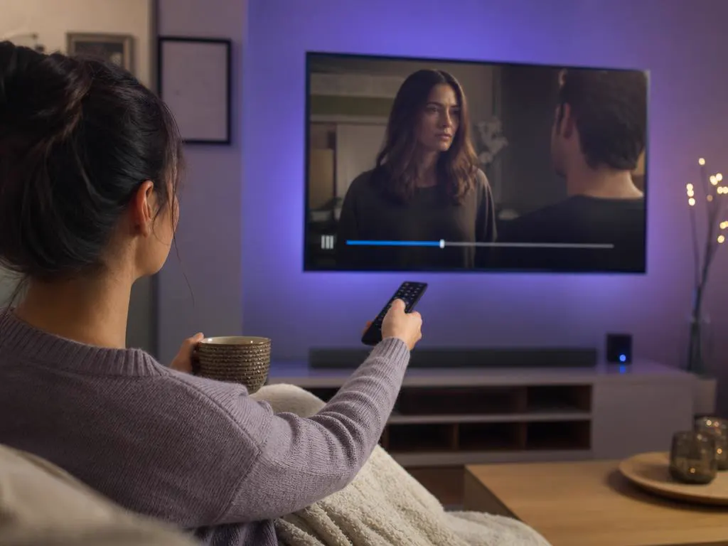 Woman with tea pressing play on a remote, a paused drama on the TV