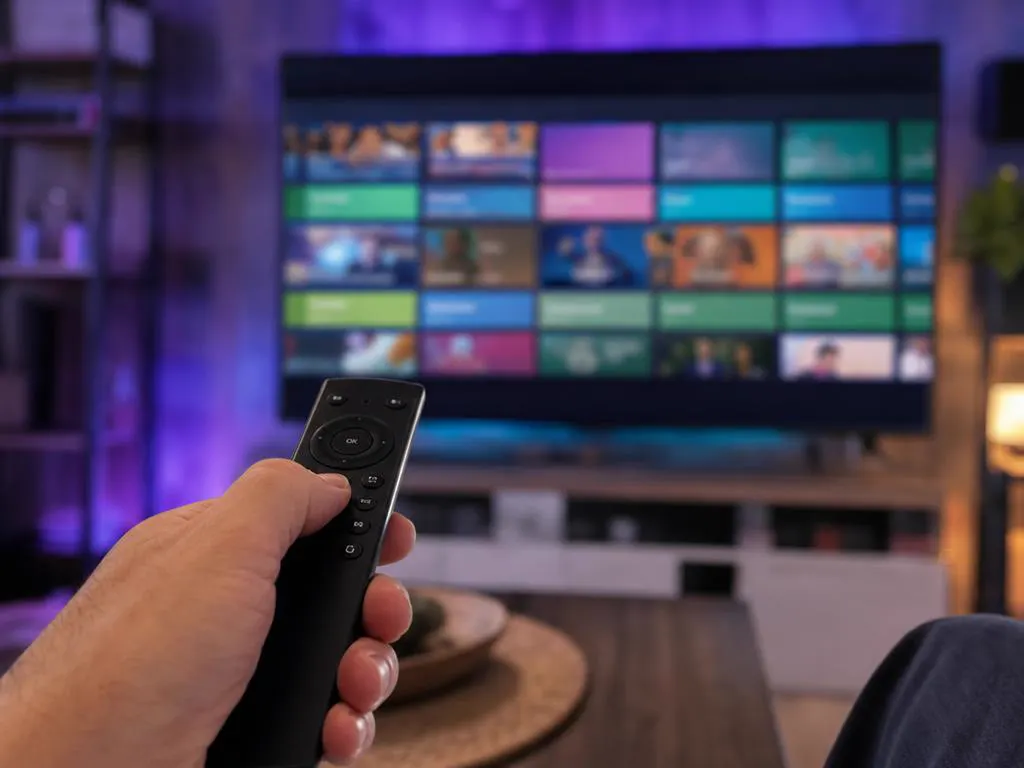 TV guide grid with program blocks on a large TV and a remote in hand