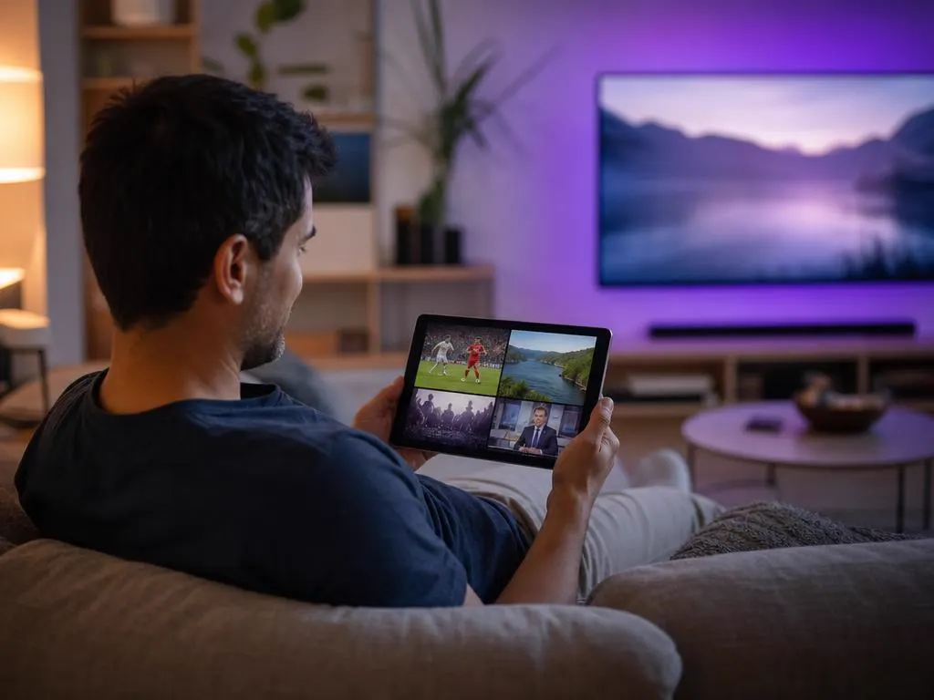 Tablet showing four small video tiles at once on a sofa