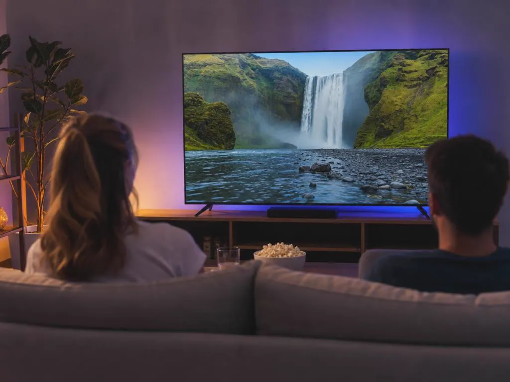 Large TV showing a sharp waterfall scene in a dim modern room