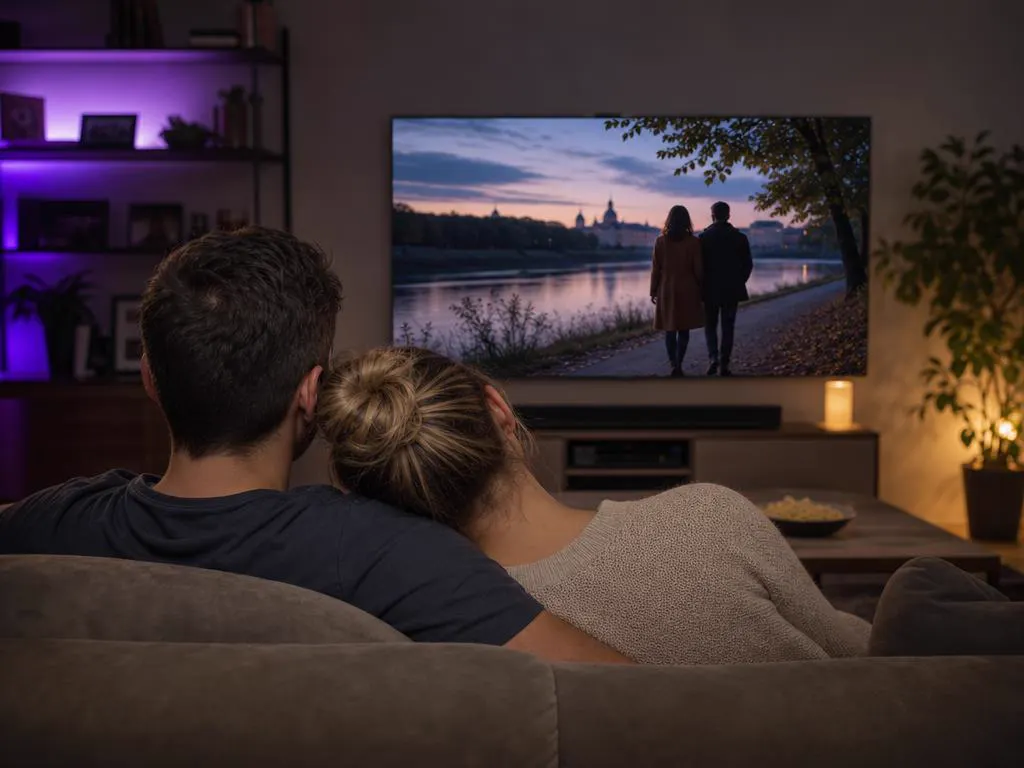 Couple watching a romantic French-style film scene on a big TV