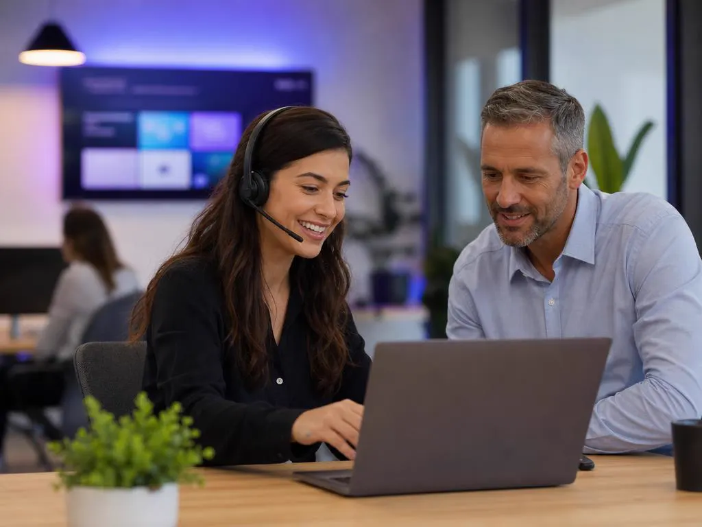 Smiling support agent with a headset helping a customer on a laptop in a bright office