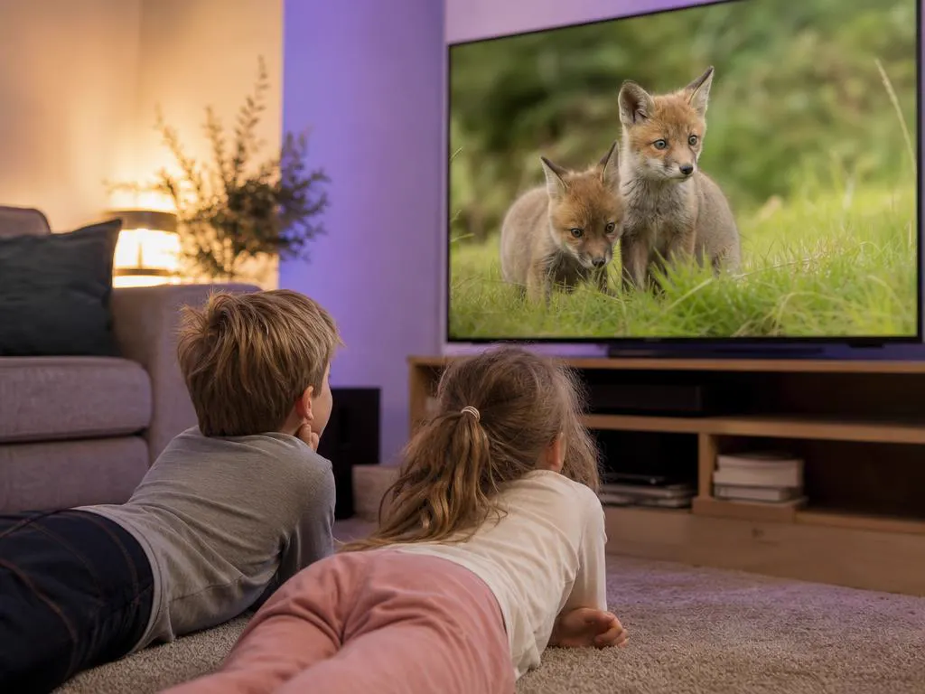 Two kids on a rug in a cozy living room watching a bright French-language nature show for children