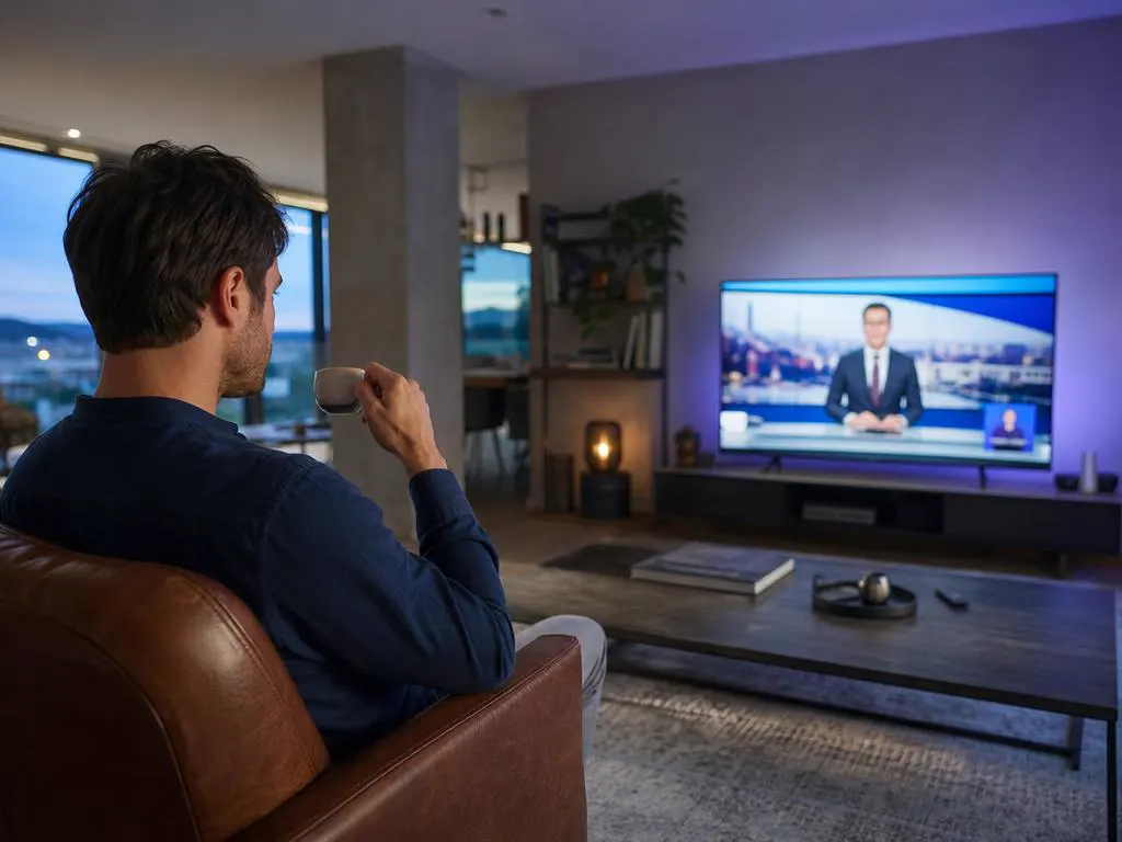 Man with an espresso watching an anonymous French-language news broadcast