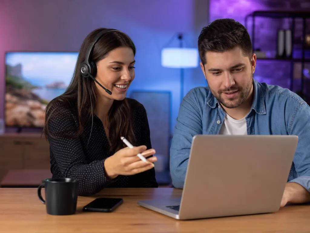 Smiling support agent with a headset helping a customer on a laptop
