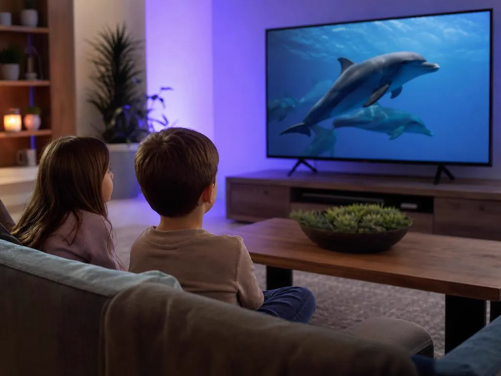 Kids watching a nature show with dolphins on TV
