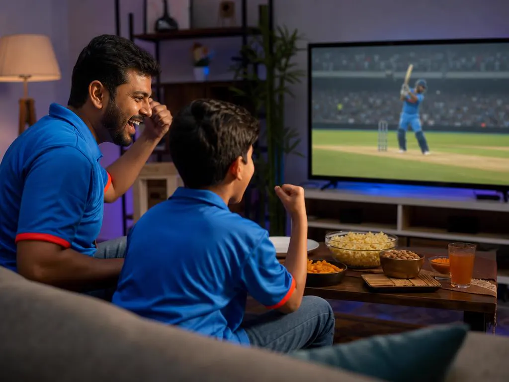 Father and son in blue jerseys celebrating a six while watching live cricket on a TV
