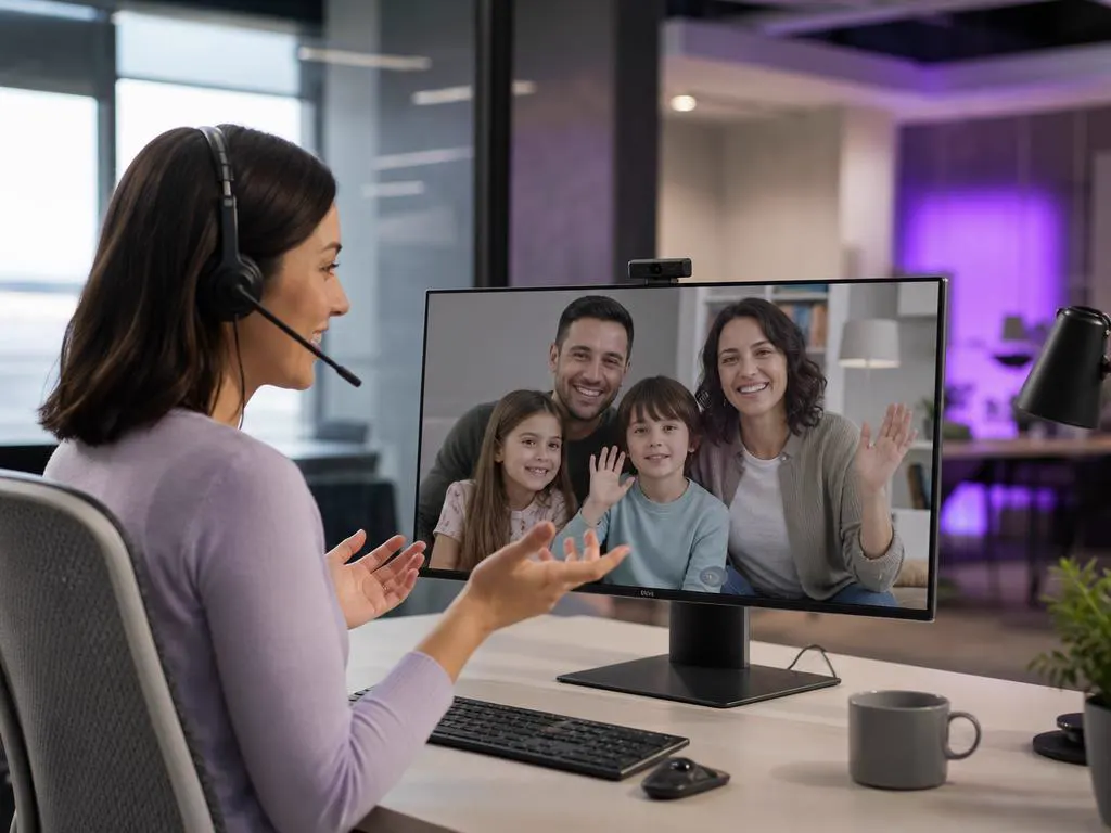 Smiling support agent with a headset helping a family over a video call