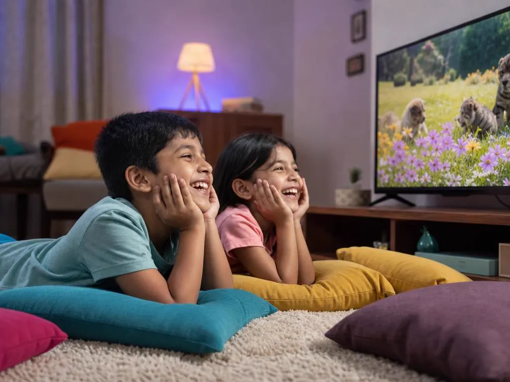 Two children giggling at a bright kids' program with baby animals on a TV