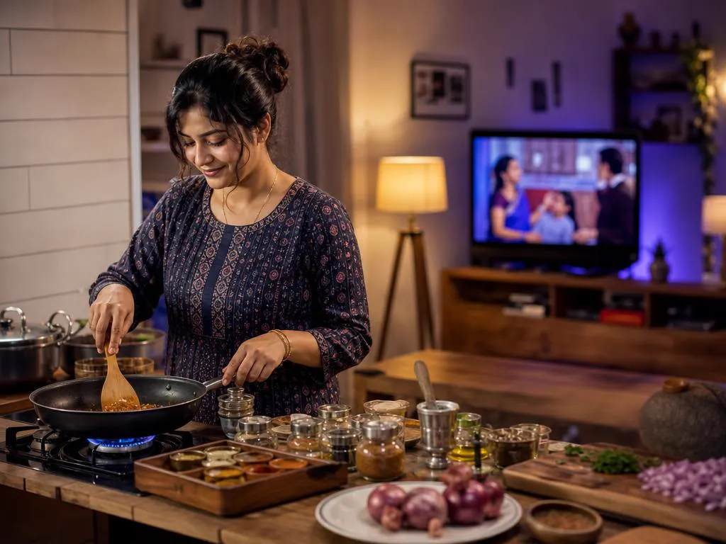 Woman cooking dinner while a Hindi serial plays on a kitchen TV