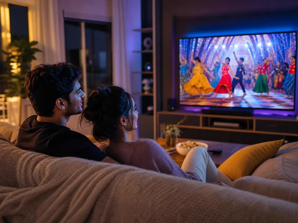 Young couple watching a Bollywood-style musical scene on a big TV