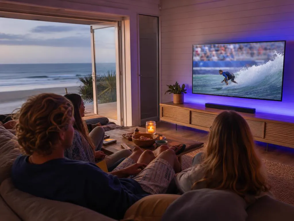 Beach house living room with a TV showing a surfing competition and the ocean outside