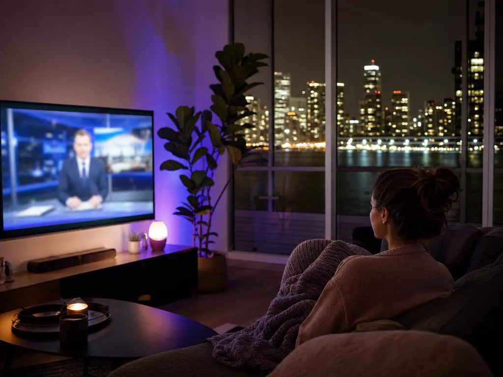 Apartment in a harbor city at night with a TV showing an anonymous news broadcast