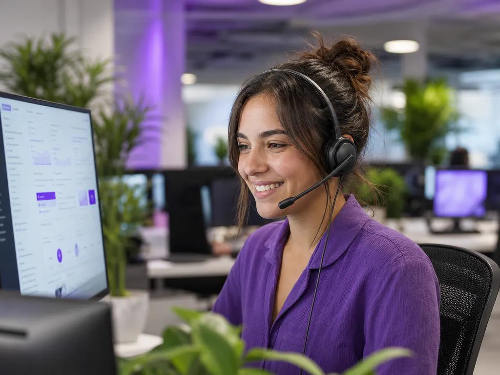 Friendly support agent with a headset helping a customer in a bright modern office