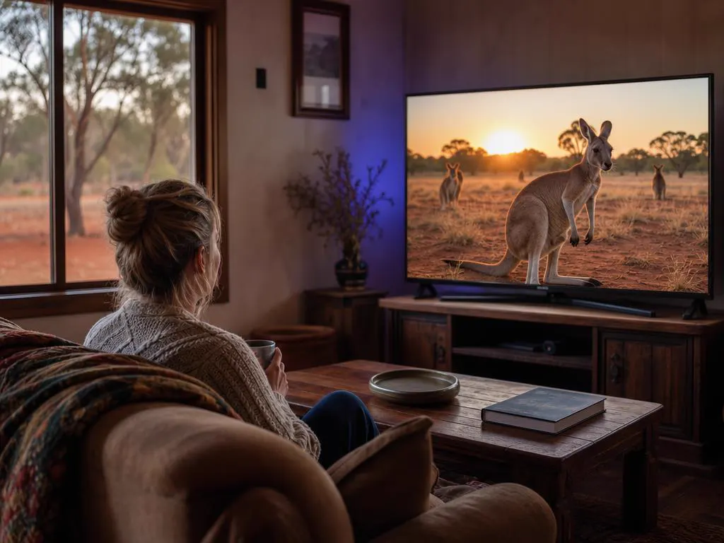 Country homestead living room with a TV showing a nature documentary about kangaroos