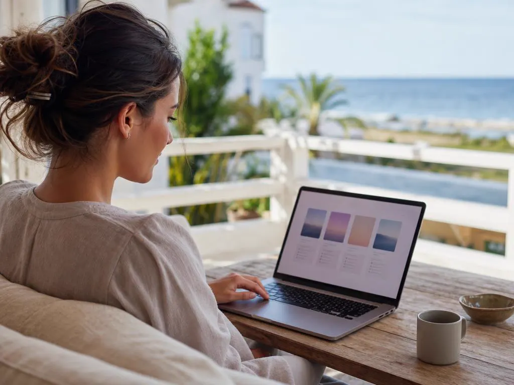Woman on a bright veranda choosing a plan on a laptop with coastal views